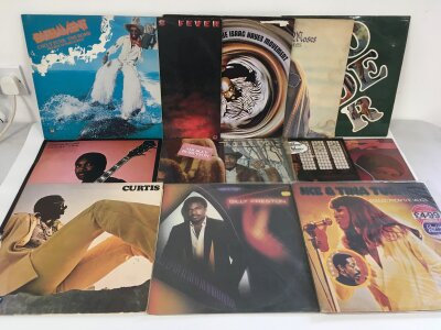 Two bags containing 25 funk and soul LPs by various artists including Parliament, Curtis Mayfield, George Benson and others.