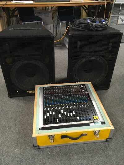 A Spirit M12 mixer in carry case, a pair of  Yamaha S15E speakers and a pair of SoundLab speakers. Comes with some leads.