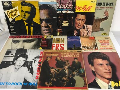 A collection of rock n roll and rockabilly LPs by various artists including Adam Faith, Marty Wilde, Johnny & The Hurricanes and others.