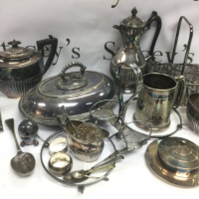 A collection of silver plated items including a coffee pot, tankard etc. Shipping category D.