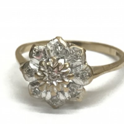 A 9ct gold diamond daisy shaped ring, N/O. Total weight 2g. Postage category A