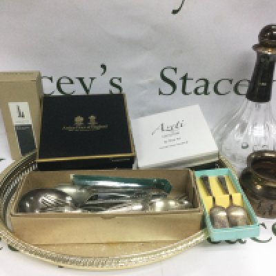 A collection of silver plated items plus some glassware. Shipping category D.- NO RESERVE