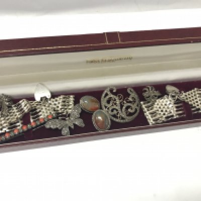 Vintage silver gate bracelets, silver marcasite brooches, silver pendant and earrings . Postage category B