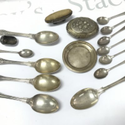 A collection of silver hallmarked spoons, dish, pin holder etc . Postage category B