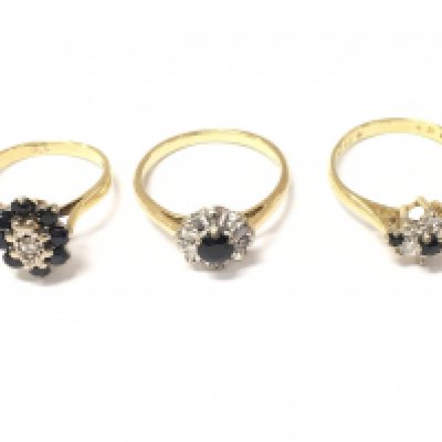 Three 18ct gold sapphire and diamond rings. One size G and other two size M. 8.3g