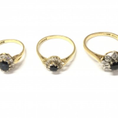 Three 18ct gold sapphire and diamond rings. Sizes G 1/2 O and Q. 9.8g Postage A