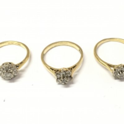 Three 18ct gold diamond cluster rings. Sizes L M and N. 8.1g