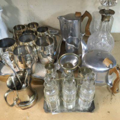 A collection of plated ware together with Picquot ware set, two Decanters One with silver collar.