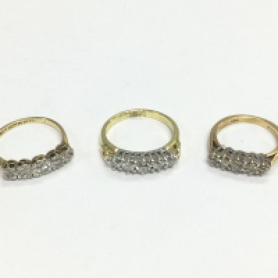 Three 18ct gold five stone diamond rings, approx sizes J, K-L and G-H. Approx total 9.4g. Shipping category A.