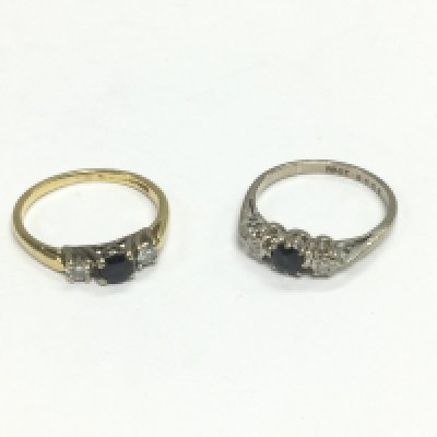 Two 18ct gold three stone diamond and sapphire rings, approx size K. Total approx 4.5g. Shipping category A.