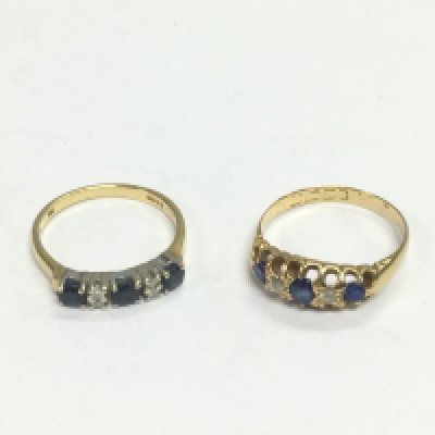Two 18ct gold sapphire and diamond rings, approx sizes M-N and O. Total approx 6.3g. Shipping category A.