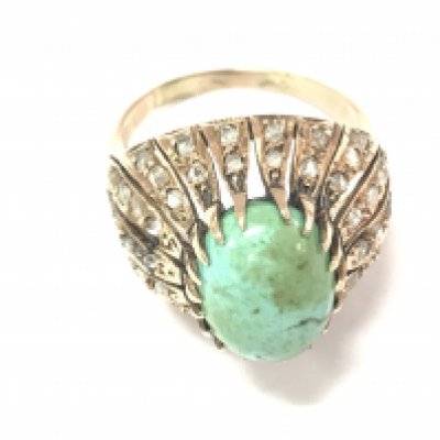 A high carat yellow golf vintage cocktail ring set with a large turquoise and rose cut diamonds. Size T