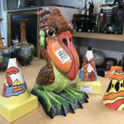 A Large Lorna Bailey Limited Edition bird 28/75; height 29cm, together with three Lorna Bailey sugar shakers to include- two in the Tropicana pattern and 5th Limited Edition Fire