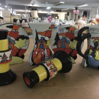 Six pieces of Lorna Bailey pottery in the &#2013266057&#2013265947&#2013265935Dimsdale Hall&#2013266057۝ pattern, including pair of flat backs , a vase, jug and and a pair of candlesticks