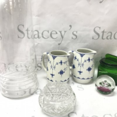 A collection of ceramics including Denmark blue and white jugs, Caithness paperweight, a very tall glass jar possibly for sweets (58 cm tall )