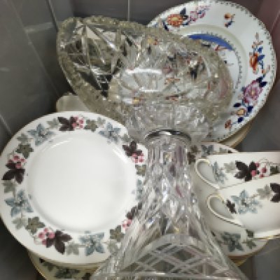 Two boxes containing China and glassware various including Royal Doulton Royal Gold part service