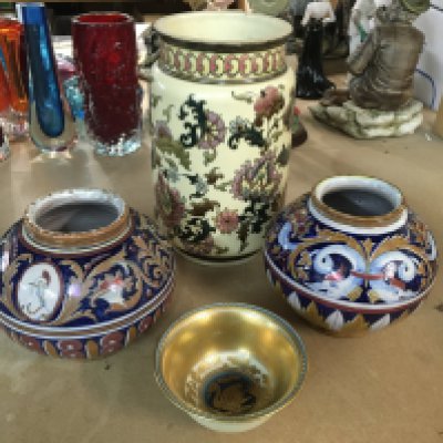 Two Italian lustre majolica vases of classical design, together with a Hungarian style vase and a Copenhagen dish
