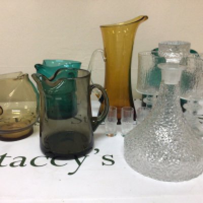 A collection of mid 20th century Art Glass including Littala Whitefriars and coloured glass jugs. No obvious damage.