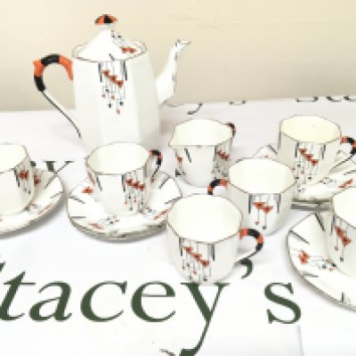 A decorative Art Deco design Sutherland China Coffee set transfer and hand painted pattern six place setting no obvious damage.