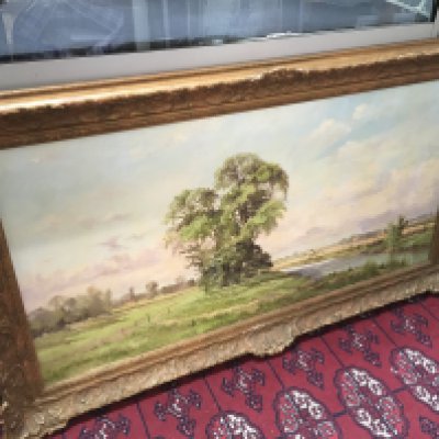 A 20th century Alwyn Crawshaw framed oil on canvas painting depicting a English rural scene. Frame dimensions 119x68cm