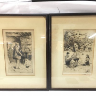 Two framed etchings by Constance G Coleman, one depicting a painter and the other a rural family scene. Frame sizes 29x39cm approximately