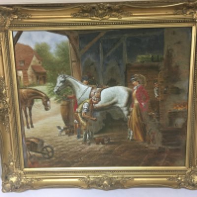 A framed oil painting on canvas depicting a farrier at work indistinctly signed. NO RESERVE. 76x68cm