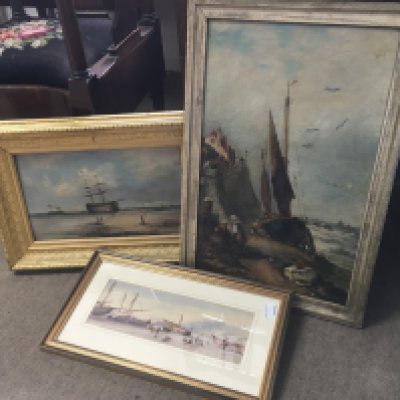Three framed sea scapes, including a signed painting on canvas. Largest measuring 63cm x 42cm including frame