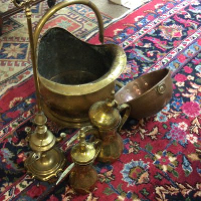 A brass coal scuttle and other copper and brass ware including a lamp.- NO RESERVE