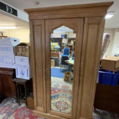 A Victorian mirrored front Pine wardrobe/hall-robe. 206cm x 126cm x 59.5cm.