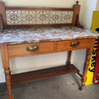 A vintage marble topped washstand with tile back. 92cm x 46cm x 100cm