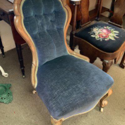 A Victorian walnut upholstered button backed chair, Mahogany Corner chair with tapestry seat, small satin wood wall shelf with ebony inlay.