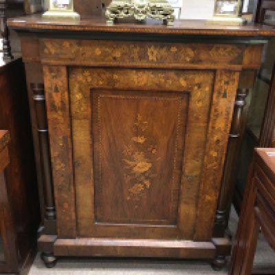 A Victorian walnut inlaid marquetry cabinet, the single door-including a single shelf, on turned feet. 86cm x 40cm