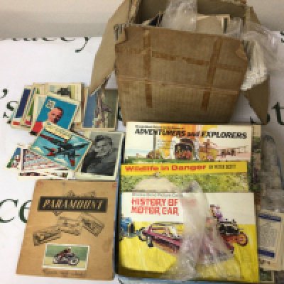 A Collection of Vintage ABC cards including football a collection of cigarette cards and tea cards in a box and tin.