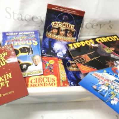 A box of circus programmes, including examples from circus Mondao, Billy smarts, the Moscow state circus, circus wonderland and various others.