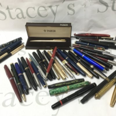 A collection of pens including Parker , Platignum, Corway Stewart. Postage catB