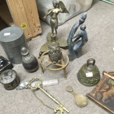 A mixed lot of items including a brass bell, oriental pewter container Etc