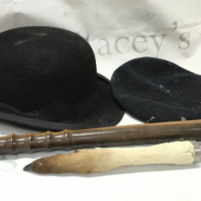 An Australian kangaroo paw bottle opener, baton, Dunn & Co bowler hat , royal army hat. Postage catC