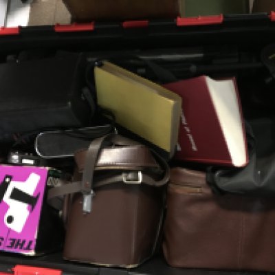 A box of vintage cameras including a Zenit-B, Ilford Sporti, Retinette, SIX-20 Brownie E etc. this lot cannot be posted