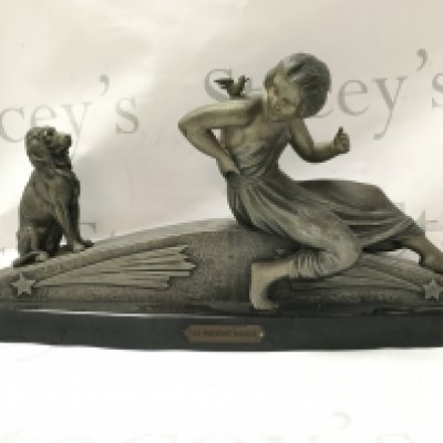 A French spelter art deco figure Georges Van De Voorde, Le Prefere Jaloux .24cm tall 50cm wide . This lot cannot be posted