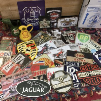 Reproduction metal Motoring signs and cast iron Jaguar, rolls Royce, Bentley, Harley Davidson , Porsche signs , shell and castrol oil jugs etc