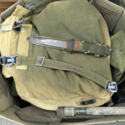 Military items including an entrenching tool, combat knife , various bags etc