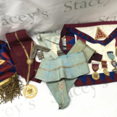 Masonic Regalia and three silver medals , postage catC