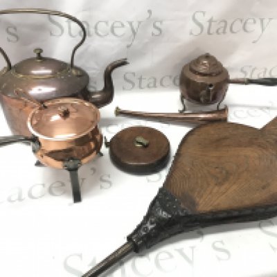 A Collection of copper ware , Chesterman measuring tape, bellows. This lot cannot be posted