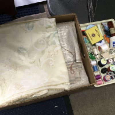 Two sewing boxes , sewing machine and linen