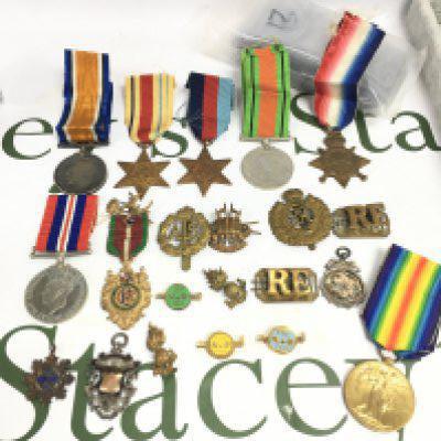 WW1 & 2 medals including WW1 1914-15 Star, War and Victory medals presented to a L-26168 GNR.S.J.CARSON .R.F.A, Africa Star, 1939-45 star, ww2 defence and war medals, Masonic medal, silver medal, cap badges etc. postage category b