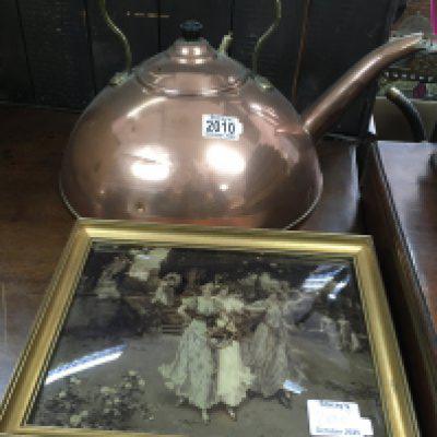 A couple kettle together with a framed Victorian crystalline picture