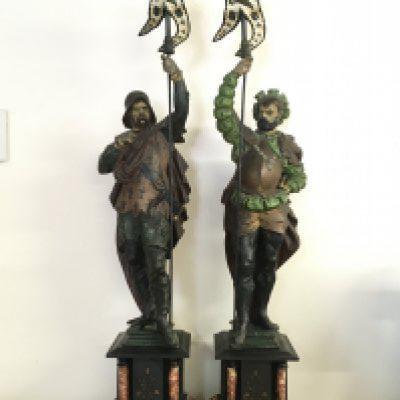 WITHDRAWN - Two palace guards by A.P.S 1897 Painted spelter figures on marble and slate bases. 70cm tall
