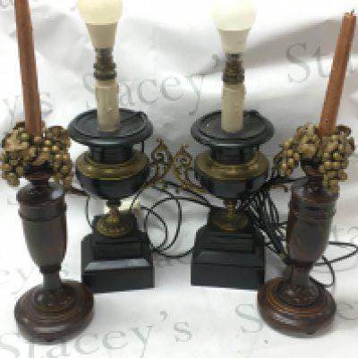 A pair of oak candle sticks and classical style lamps , this lot cannot be posted- NO RESERVE