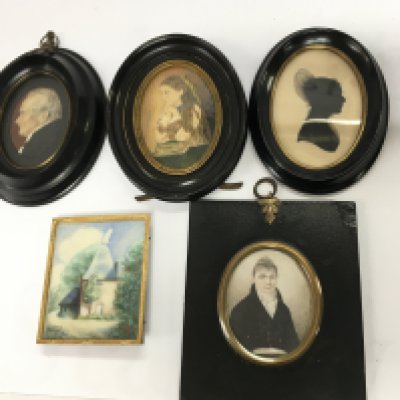 A gilt framed miniature of Chartham Kent, together with four portrait miniatures including a Victorian silhouette