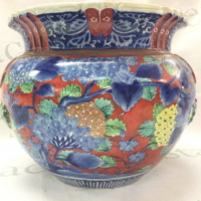 A floral jardiniere 23cm tall (hairline cracks, damage and restoration) and figures . This lot cannot be posted- NO RESERVE